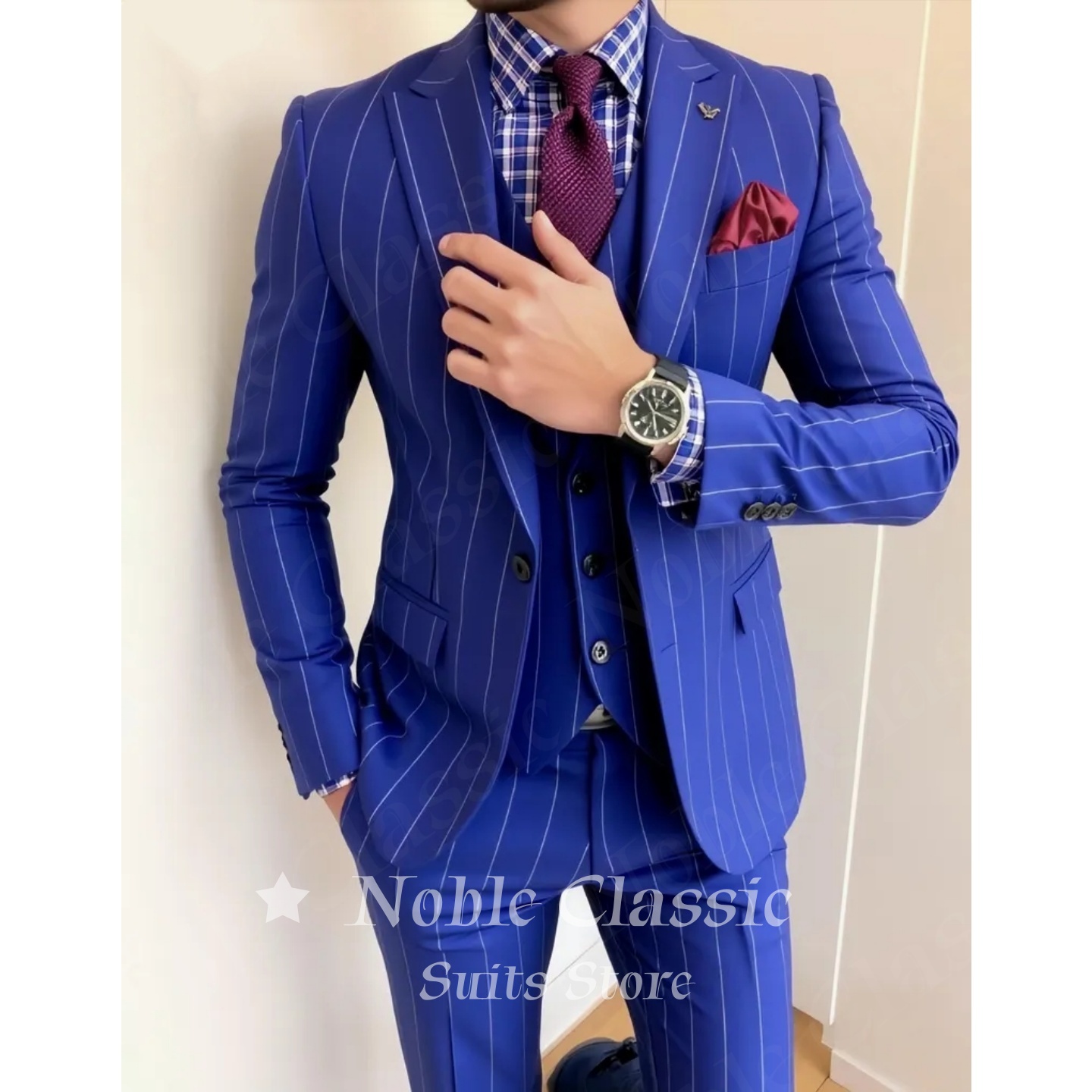 Men Formal Wear Wedding Guest - Мужской синий костюм-тройка в тонкую полоску: