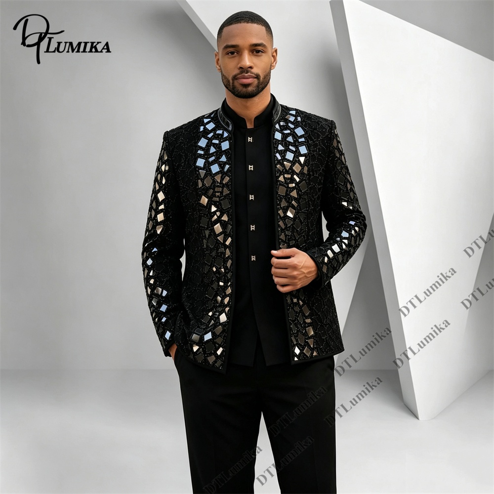 Men'S Formal Wear For Office - Мужской черный костюм с воротником-стойкой, украшенный